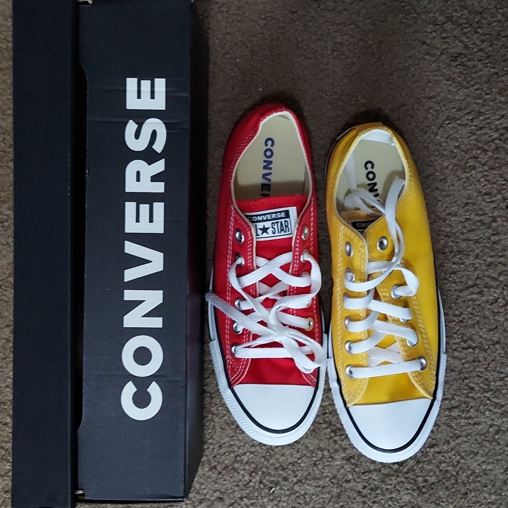Converse-one red, one yellow, size W8